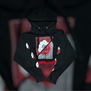 Black Hoodie with Red and White Rose Design crocheted detailing